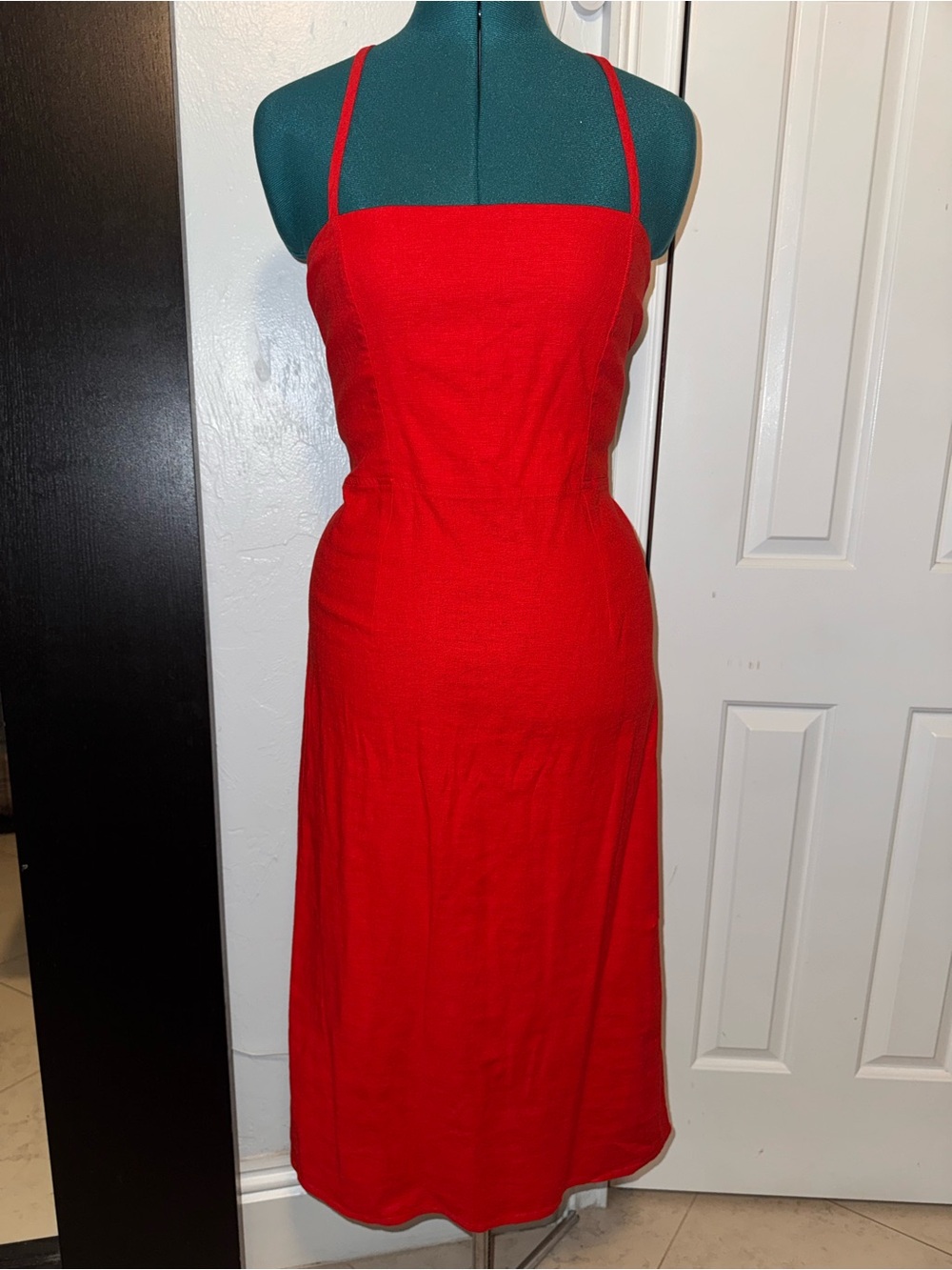wild fable Bright Red Square-Neck Midi Dress with Spaghetti Straps